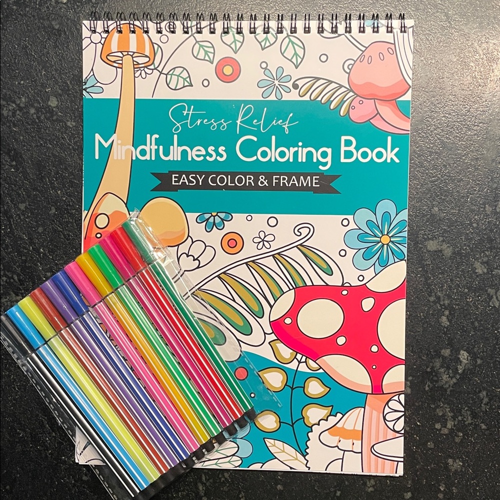 Mindful Relaxation Stress Relief Coloring Book and Markers (NWOT)